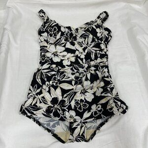 ROXANNE SIZE 12 36D BRA CUP BLACK White Gold Floral PRINT ONE PIECE SWIMSUIT